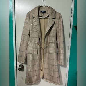 Alice blue.Elegant Checkered Trench Coat with Chain Accent